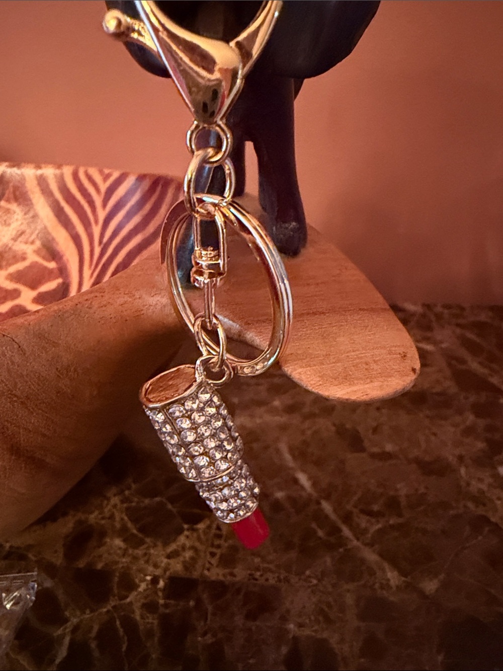 Gold Rhinestone Lipstick Keychain - Red - Picture 5 of 7